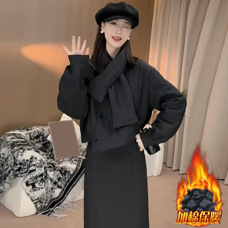 设计感小众时尚套装女2025冬季新款夹棉加厚外套半身裙围巾三件套