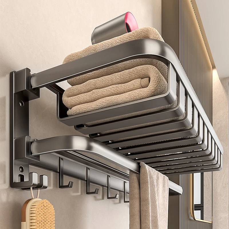 浴巾架卫生间免打孔浴室架子一体挂件厕所置物架太空铝毛巾架枪灰