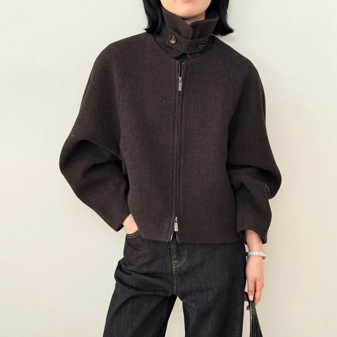 EMONI简约拉链加厚羊毛外套女2025冬季新款小个子夹克棒球服14451