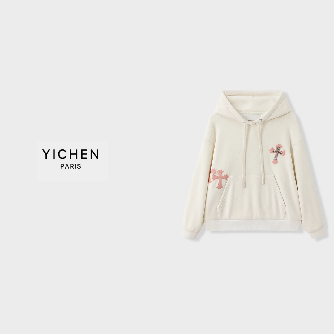 YC 粉色十字架徽标连帽抽绳宽松卫衣-3247