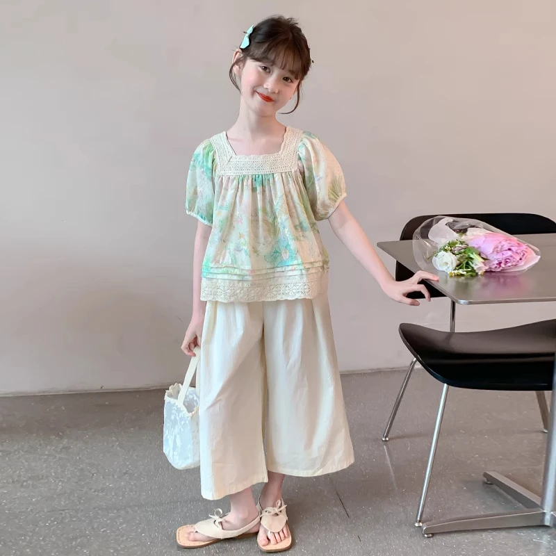 女童夏季套装2025新款儿童短袖上衣阔腿裤子两件套大童装休闲洋气