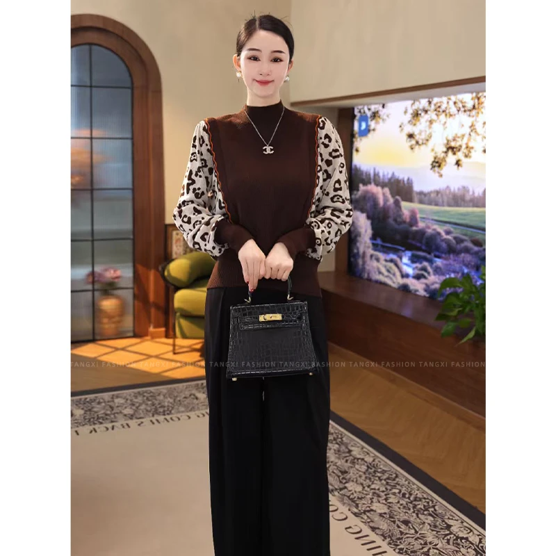 唐熹秋冬【JR-09】含绵羊毛套头咖色假两件拼接秋冬内搭毛衣打底