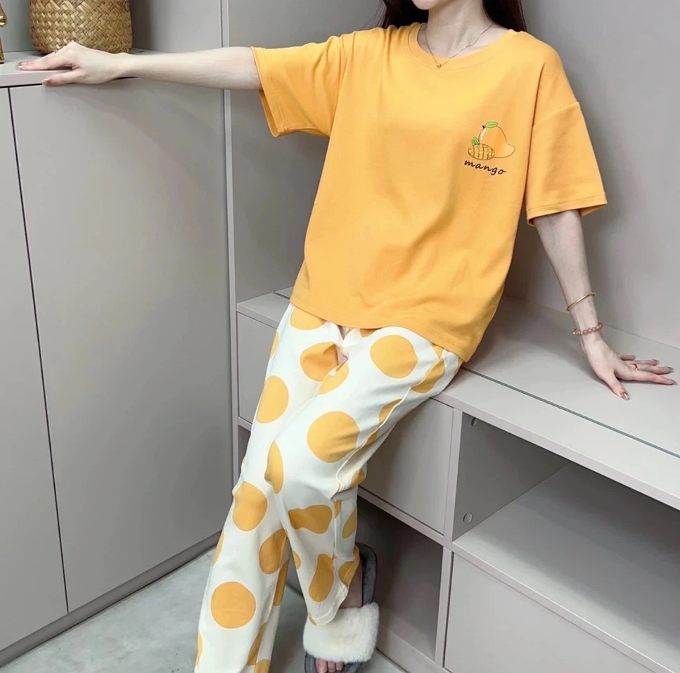 夏季女士短袖长裤睡衣套装(芒果波点黄色) C 993