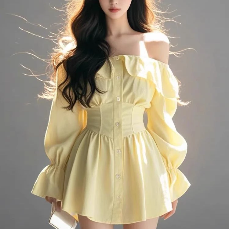 现货 一字肩黄色衬衫连衣裙女夏季新款时尚气质别致性感A字裙