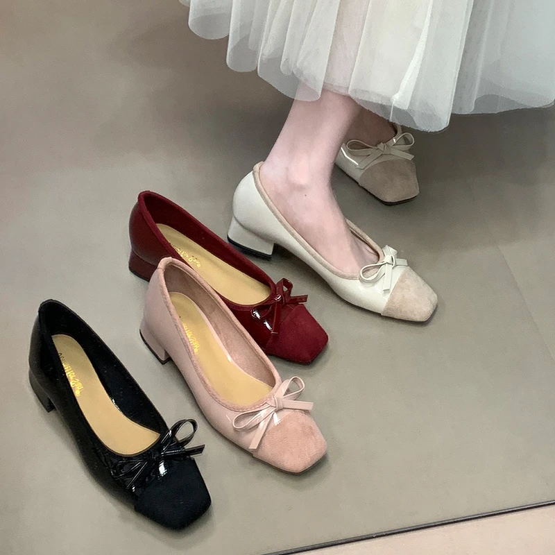 复古红色显白气质拼接单鞋2025新款蝴蝶结方头低跟鞋