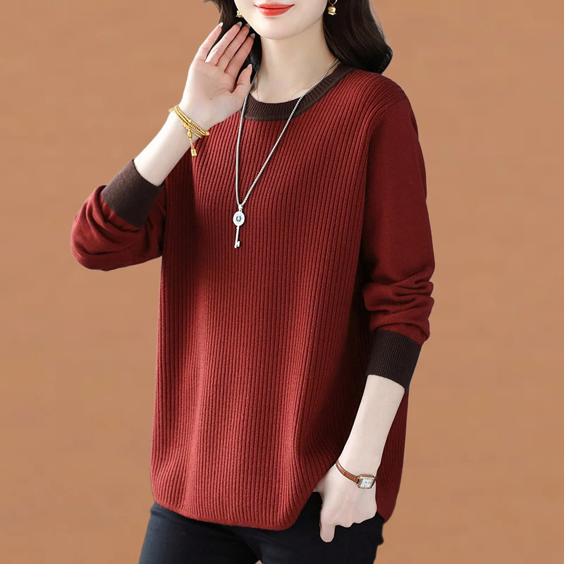 中年妈妈休闲针织打底衫女秋冬2025新款洋气显瘦宽松拼色毛衣内搭