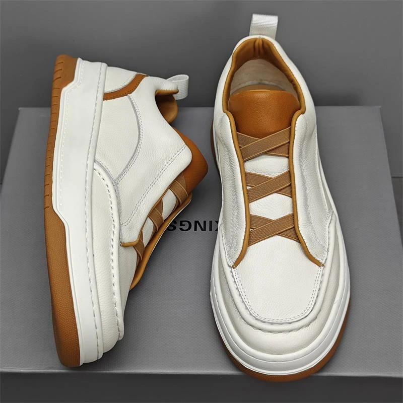 轻奢男鞋真皮透气韩版一脚蹬休闲鞋百韩版真皮韩版增高真皮板鞋白