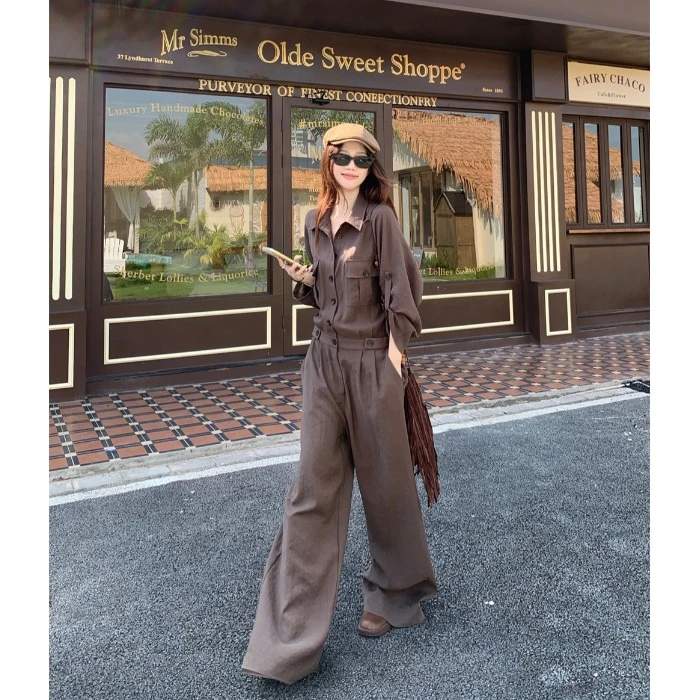 老钱风工装衬衫连体裤女秋季2025新款复古咖色休闲宽松直筒连体衣