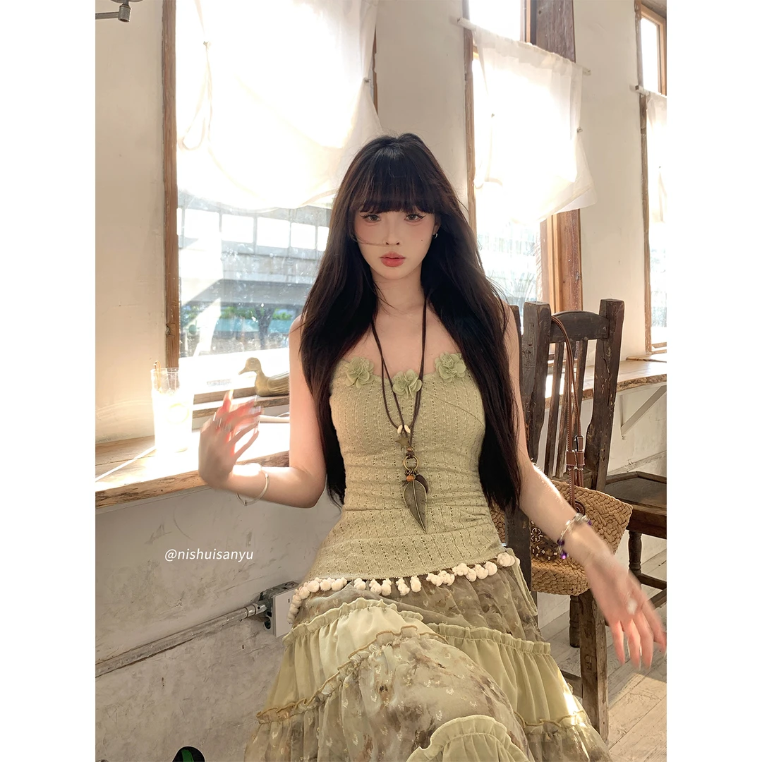 溺水三鱼【云游诗人】波西米亚风花朵流苏下摆上衣雪纺拼接长裙套装