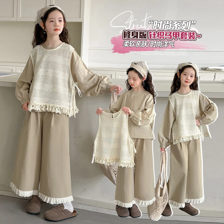 母女装 女童亲子同款25年春季新品蕾丝花边三件套柔软时尚亲肤