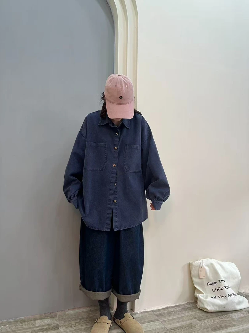 9869日系简约纯色衬衫外套休闲百搭复古宽松韩版短款时尚