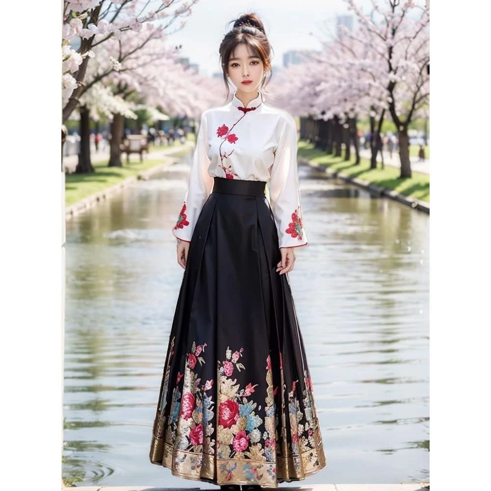 绣花上衣马面裙套装2025春秋新款新中式复古日常可穿时尚两件套女