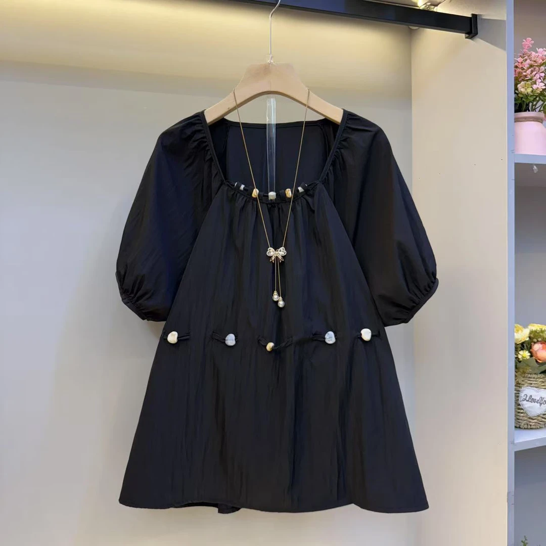 2025欧货大码女装夏季新款时尚高级感串珠收腰短袖衬衫