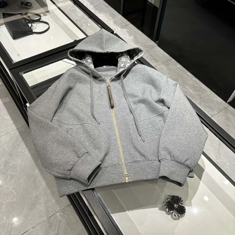 25年春装新款女装 时尚高定拉链拼皮长袖宽松连帽灰色卫衣