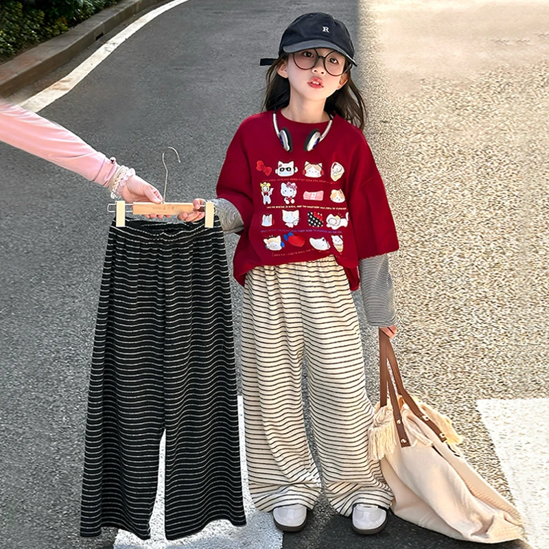 66公主童装女童春装休闲裤2025新款儿童洋气条纹长裤子 25K004