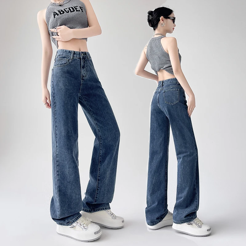 哥弟阿玛施正高腰牛仔裤复古港风外穿休闲水洗彩绘长裤宽松阔腿裤