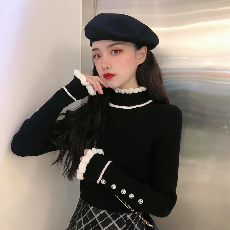 长袖上衣针织黑色短款新款女装2025年打底衫秋冬毛衣内搭春秋百搭
