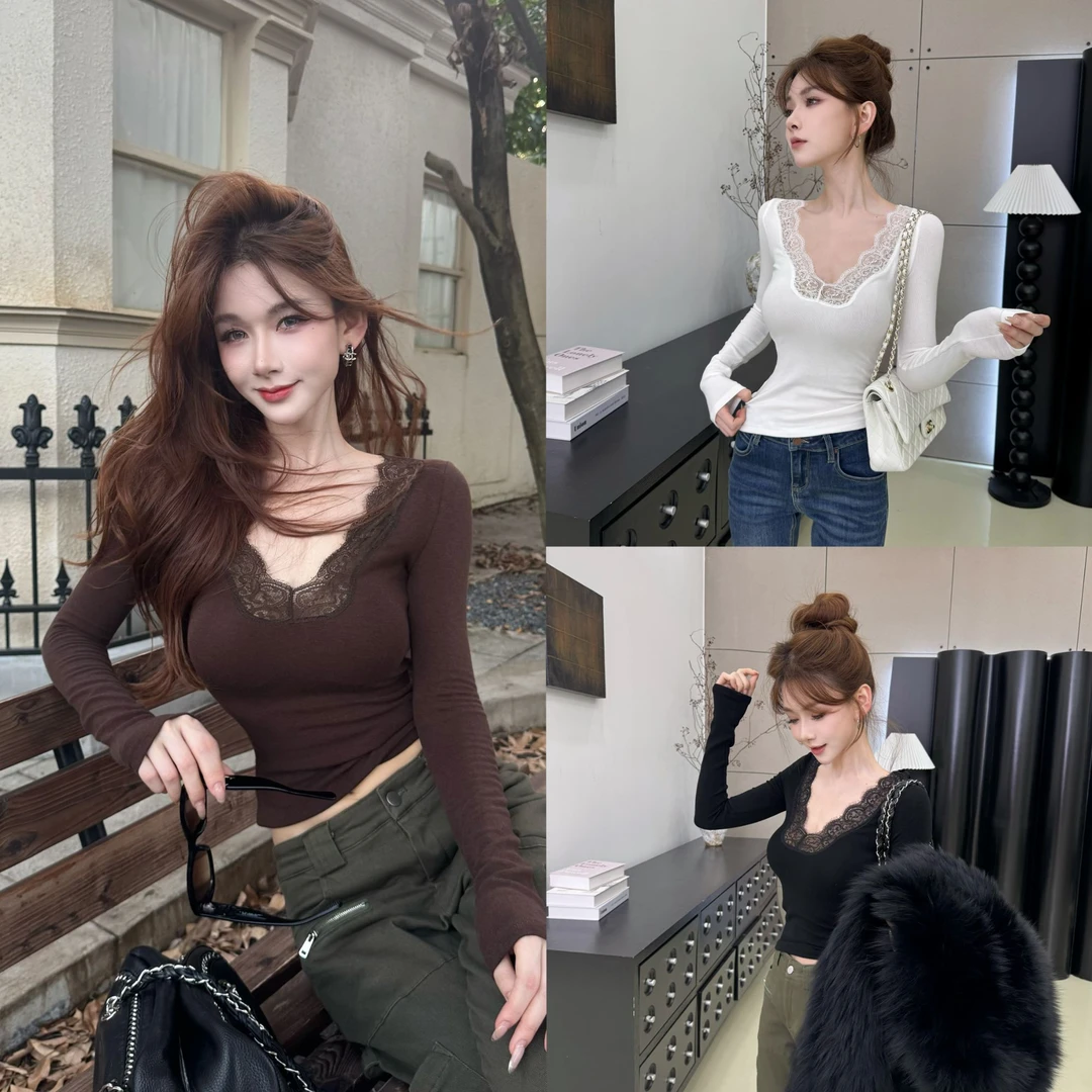 {蕾丝与温柔}胸大腰细！蕾丝领弹力V领秋冬上衣
