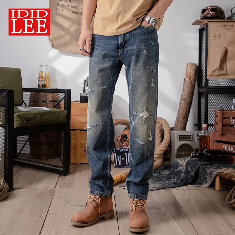 IDIDLEE春新款美式复古赤耳丹宁牛仔裤男宽松直筒破洞做旧乞丐裤