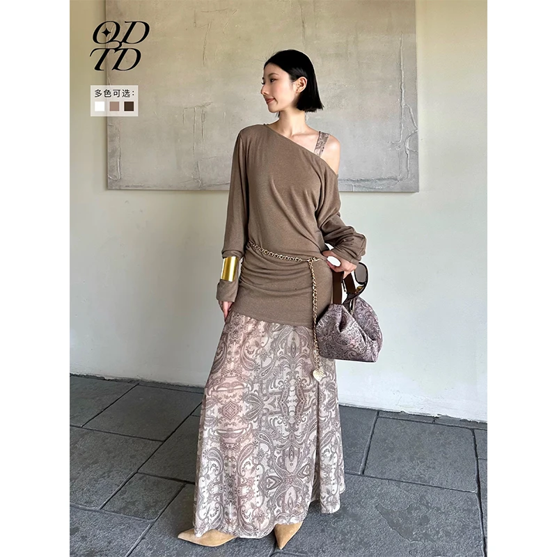 ODTD 设计师品牌 25早秋 腰果花撞色真两件抽褶斜肩连衣裙 SOLSOL