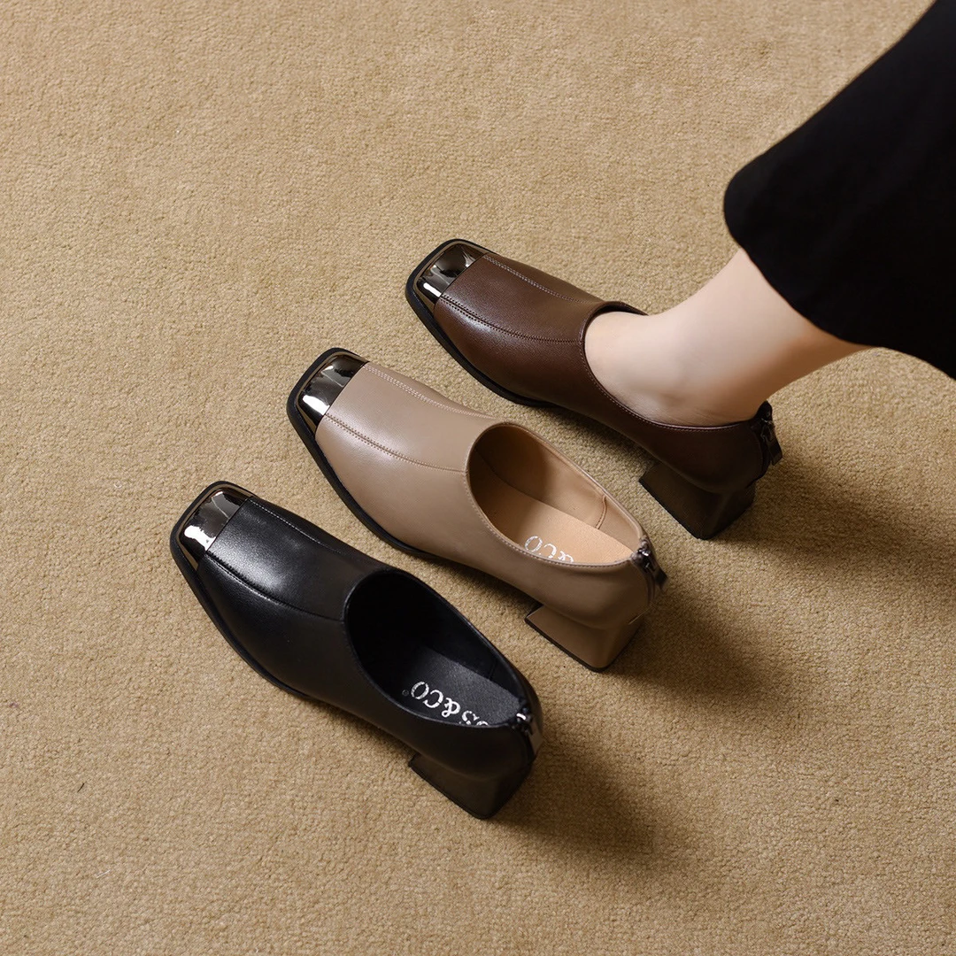 2025新款法式气质方头高跟鞋女欧若风软皮粗跟深口单鞋春秋款皮鞋