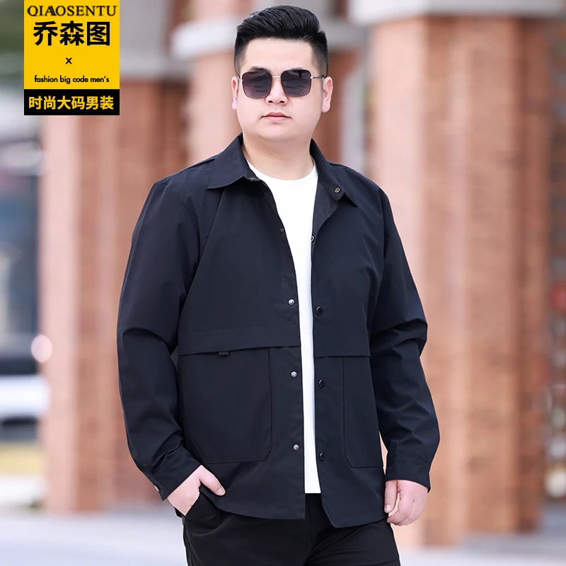 大码夹克男胖子宽松休闲翻领上衣肥佬时尚茄克衫外套春季加肥加大