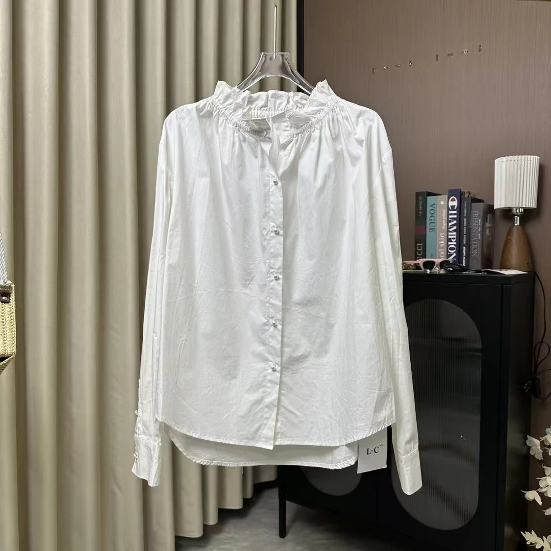104号链接-荷叶领百搭气质休闲V领荷叶衬衫长袖简约荷叶