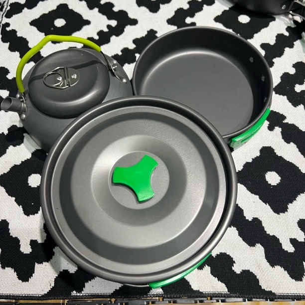 （瑕疵捡漏）绿色把手户外套锅大号三件套4-6人套装茶壶煎锅煮锅