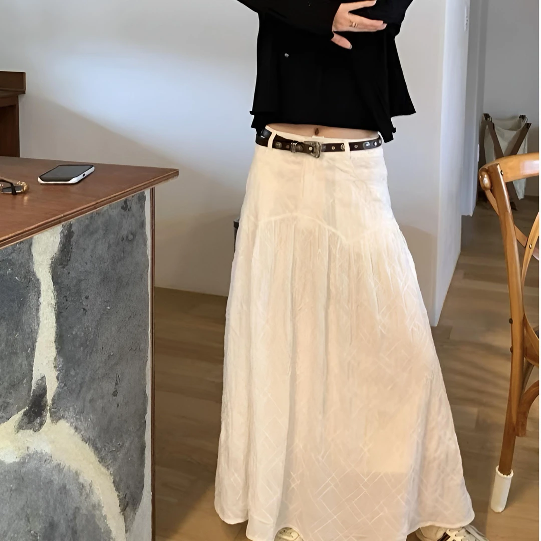 立体格纹提花白色半身裙女2025新款明线肌理感中长款显瘦a字半裙