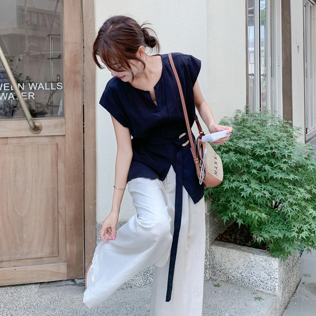 轻熟风V领系带上衣衬衫阔腿裤套装女2025夏新款气质御姐范两件套