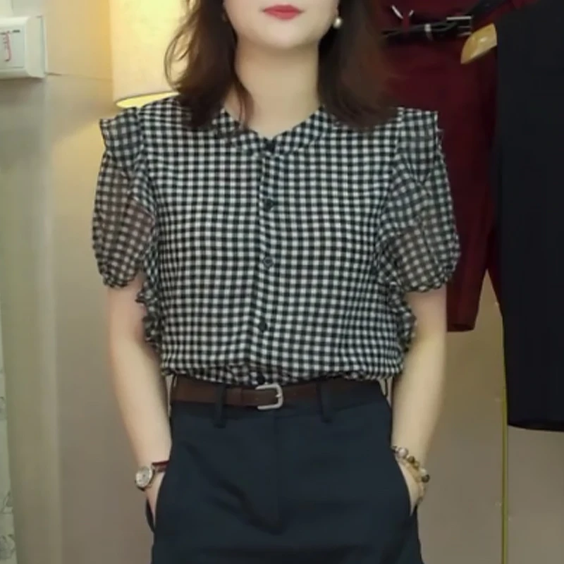 复古泡泡袖爆款格子短袖衬衫2025夏新款小众女装减龄百搭体恤上衣