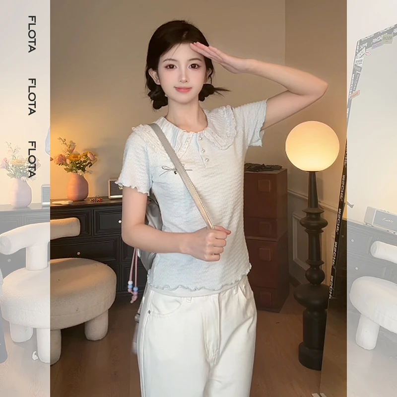 【flota】小清新娃娃领蝴蝶结别针短袖T恤女夏季新款百搭上衣0994