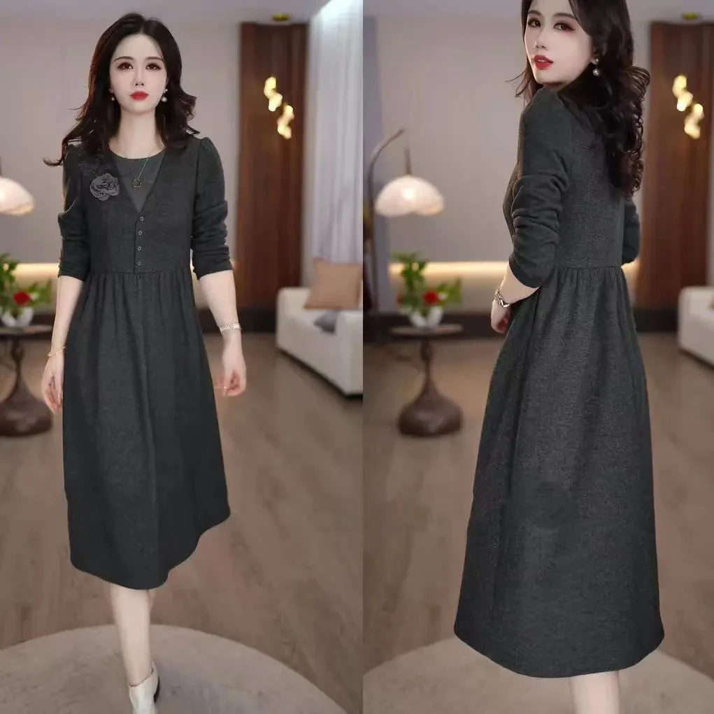 【连衣裙】醋酸羊毛冬款时尚复古精致优雅气质宽松中长款连衣裙
