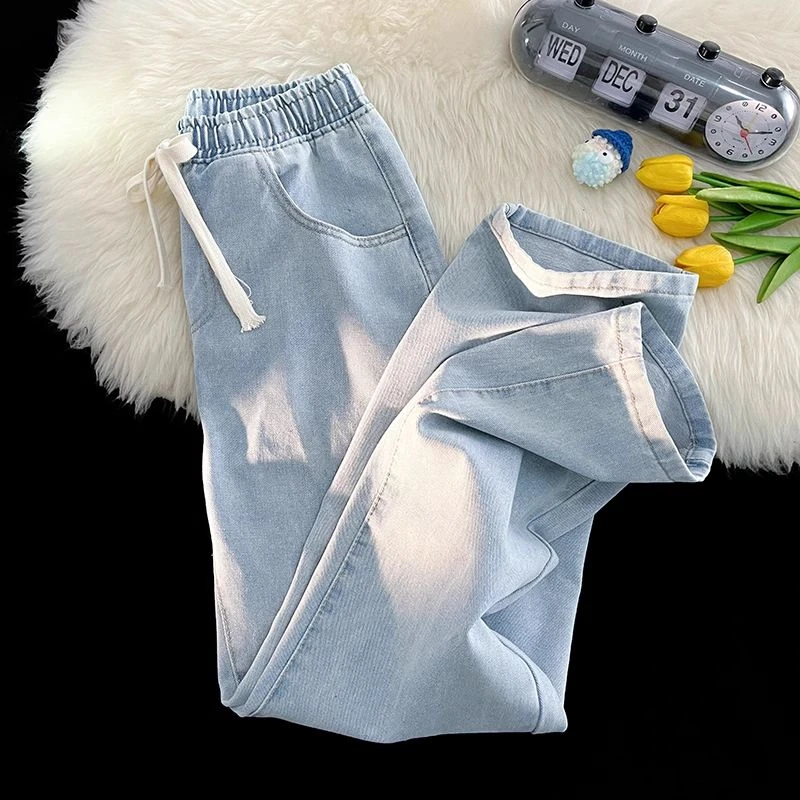 浅色牛仔裤男松紧腰休闲浅蓝色学生春秋男款抽绳直筒宽松男生裤子