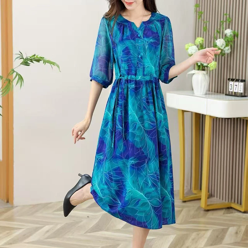 夏季新款女装时尚气质收腰百搭高腰连衣裙洋气妈妈装6440