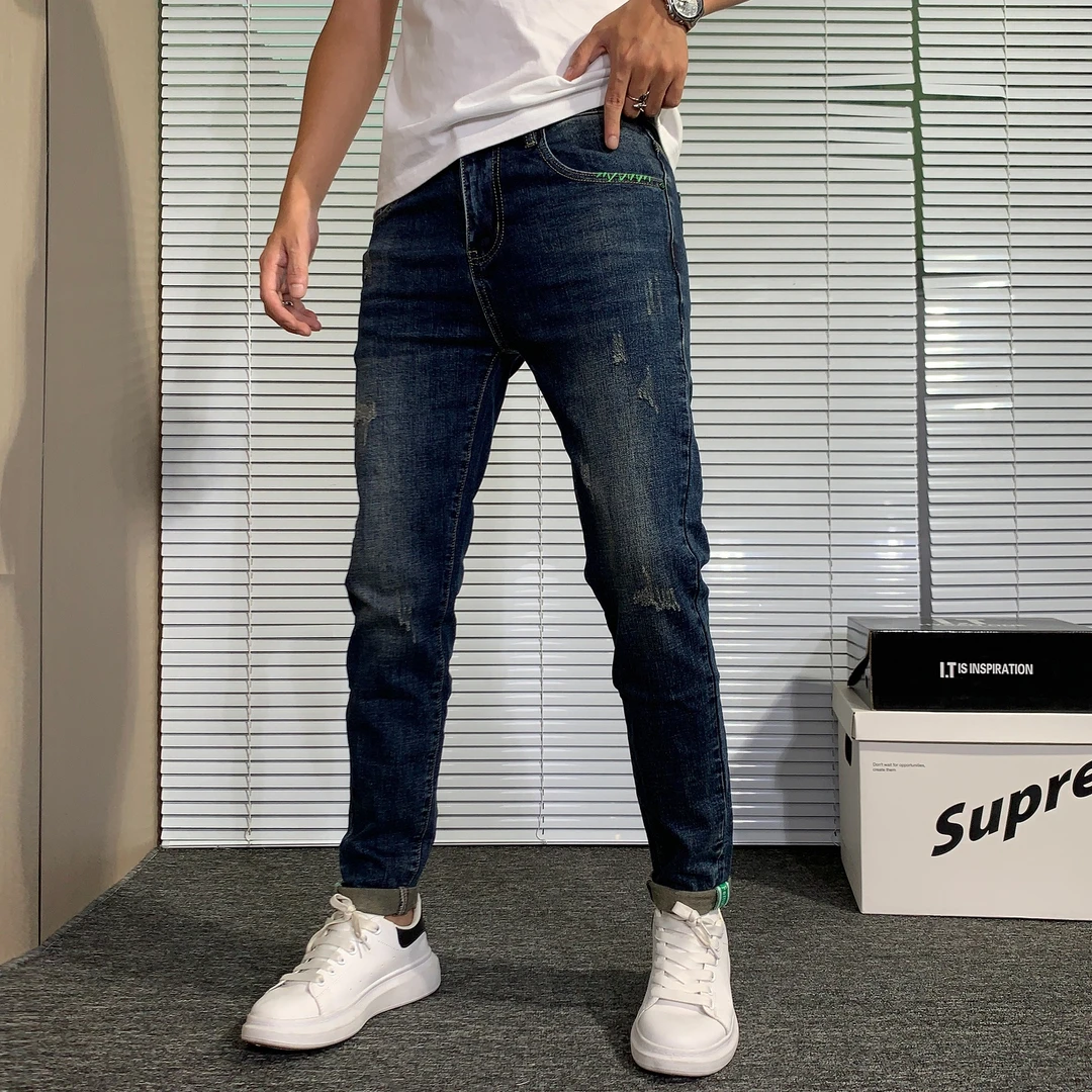 修身牛仔裤男潮牌2025秋季新款水洗蓝色休闲韩版百搭高端小脚长裤