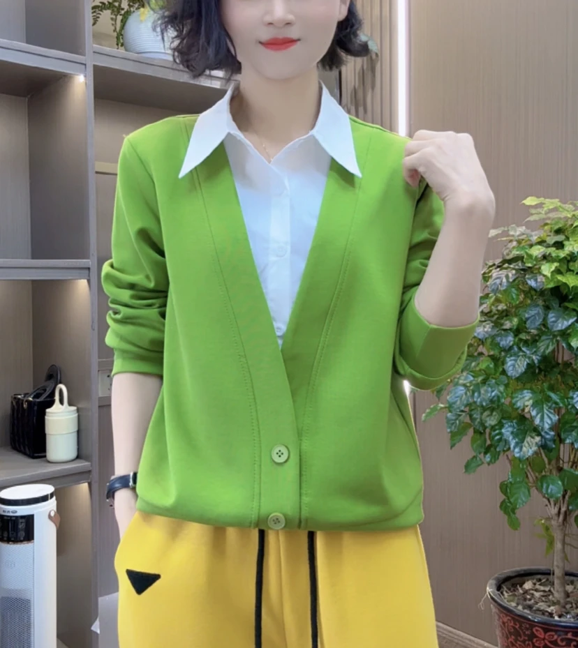 春秋新款时尚衬衫领设计感气质休闲百搭洋气宽松假两件长袖上衣