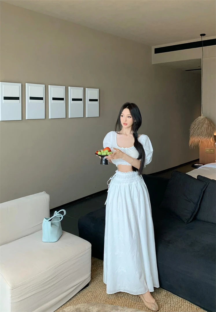 泡泡袖大U领小衫女夏季提花半身长裙套装#8200