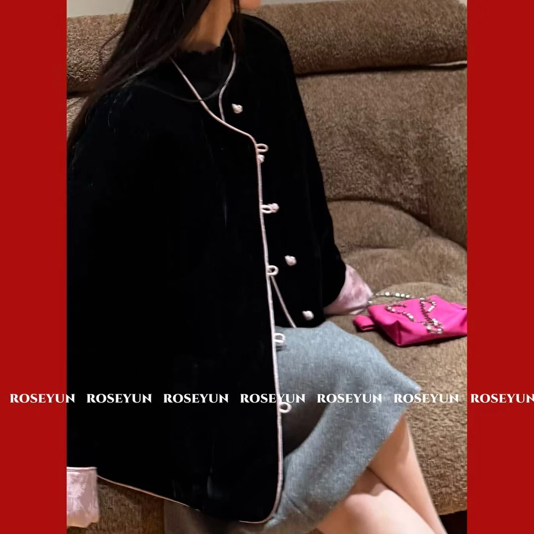 【Rose Yun】新中式粉色缎面提花盘扣丝绒外套   JY115058