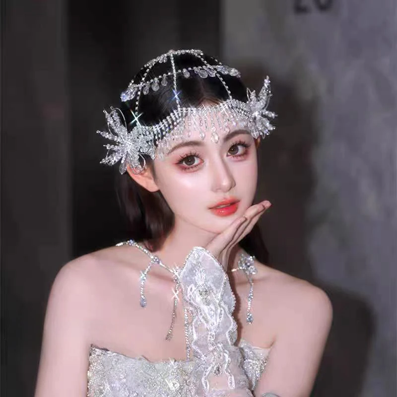 3028新款精致韩系风个性闪钻仿水晶流苏帽兜时尚气质小众新娘头饰