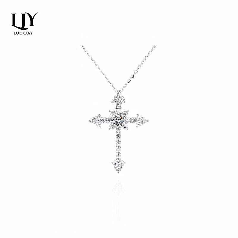 LUCKJAY 坠链均925银莫桑石 十字架镶莫桑钻项链潮嘻哈轻奢锁骨链