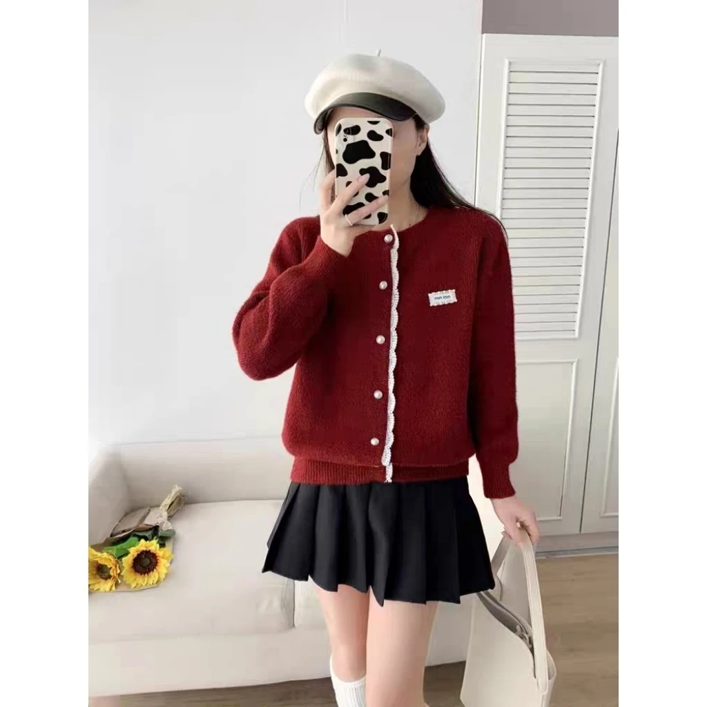 法式减龄蕾丝拼接开衫女2025温柔学院风百搭针织开衫82102#0.1 qq