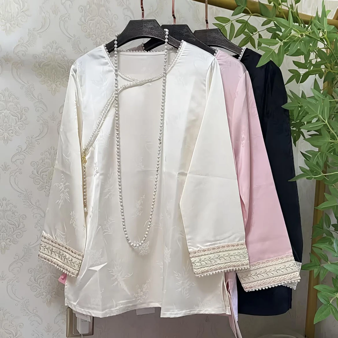 新中式国风女提花斜襟珍珠刺绣衬衣女春季打底衫时尚休闲春装气质