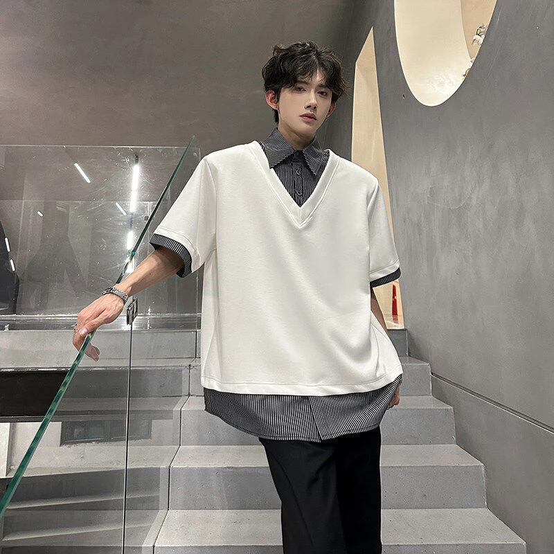 夏季韩版条纹衬衫拼接假两件短袖垫肩T恤男小众简约重磅半袖t恤潮