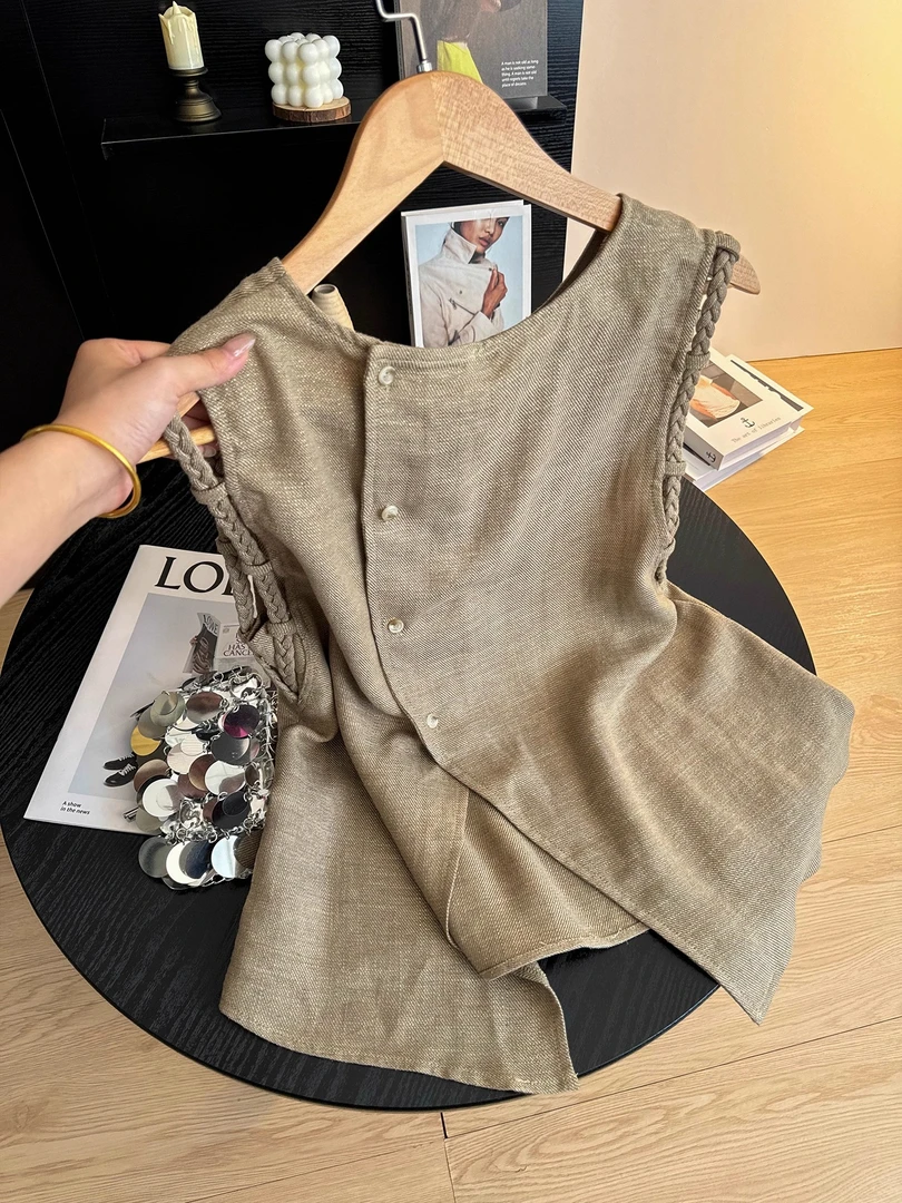 老钱风高端咖色手工编织无袖背心女夏季新款凉感透气洋气早秋小衫