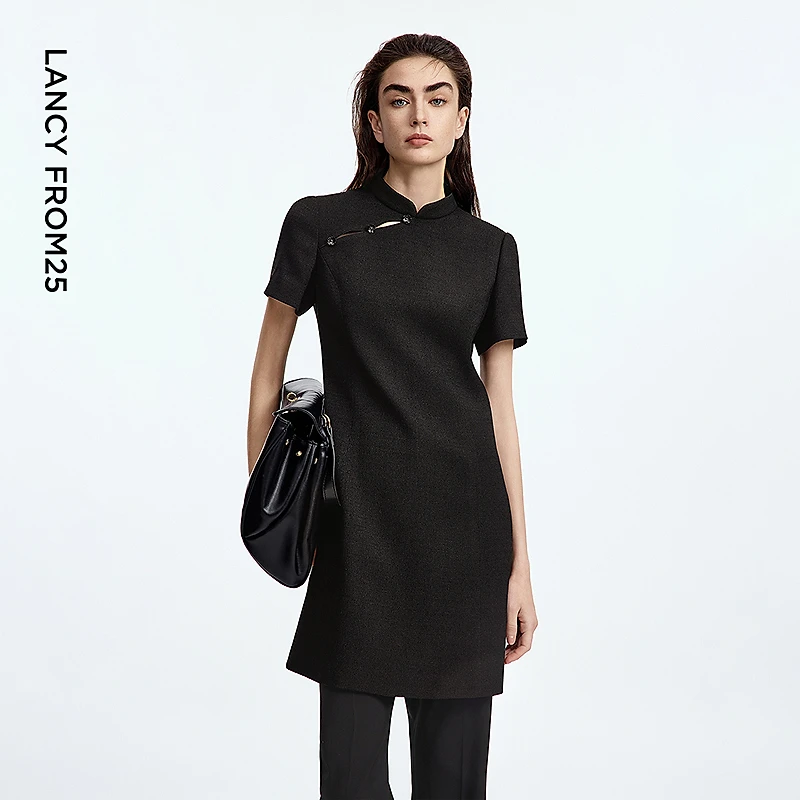 朗姿黑色衬衫裙气质短袖收腰2025年夏新款设计感新中式旗袍连衣裙
