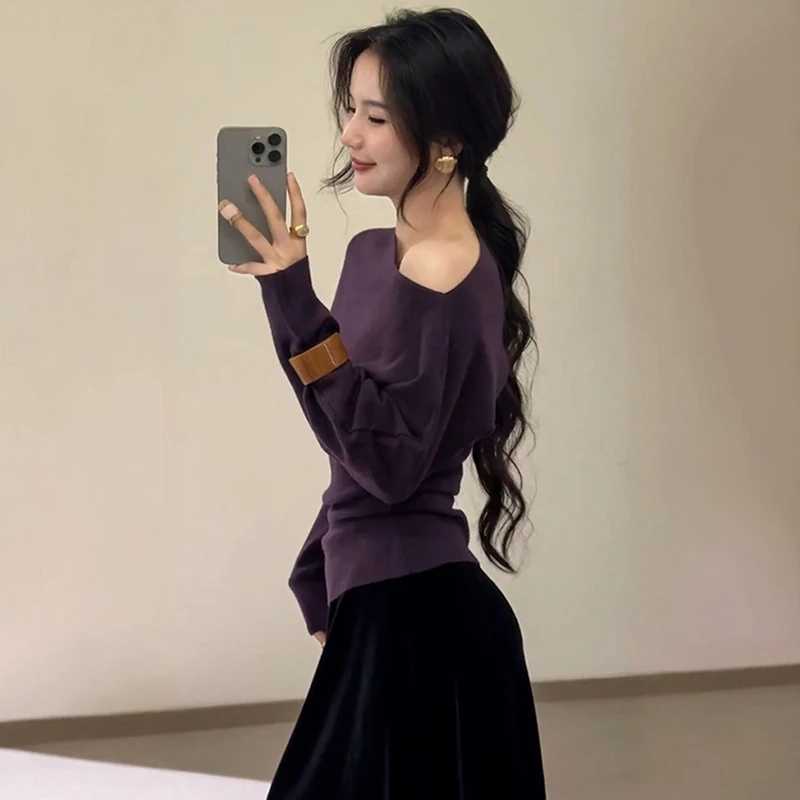 韩系早秋穿搭上衣小众不撞款轻奢高级感御姐风紫色斜肩收腰针织衫
