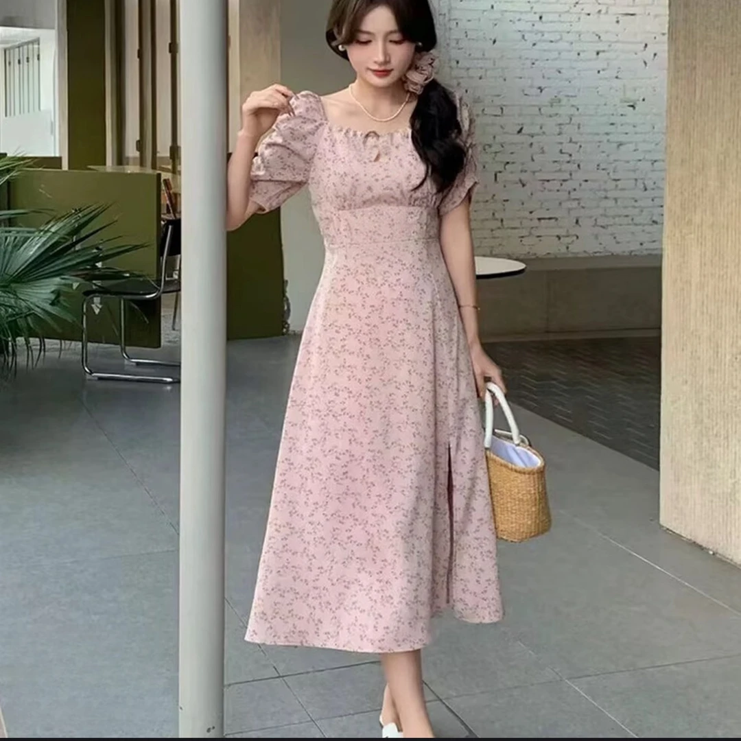 妮妮家25095夏季新款时法式尚气质方领收腰开叉裙子