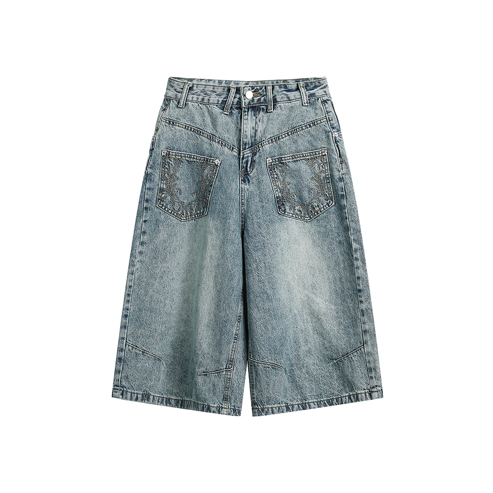 美式复古水洗纯色牛仔七分裤废土风口袋宽松牛仔短裤-6206