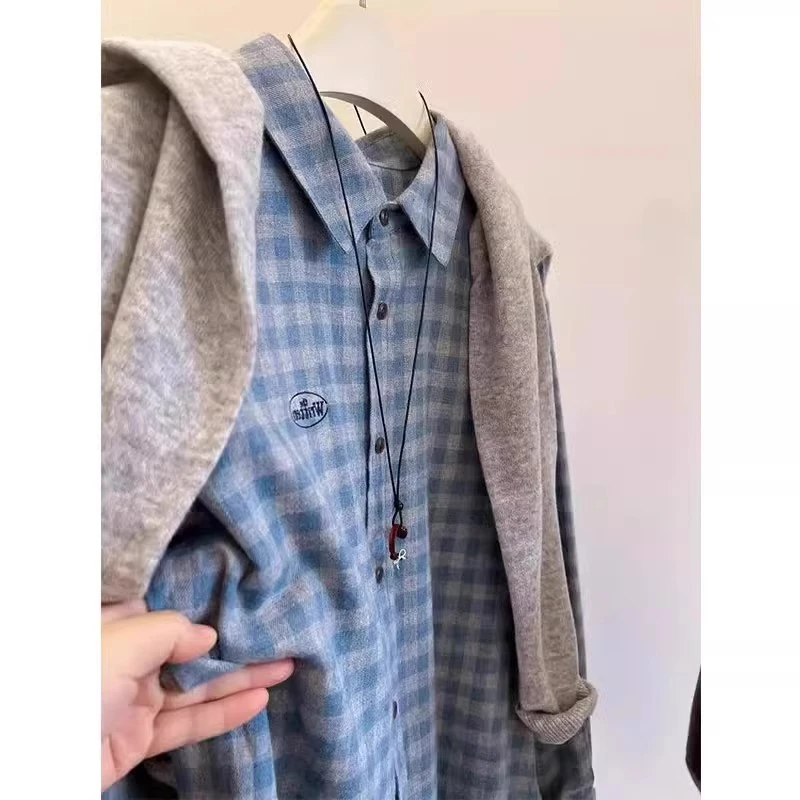 软糯磨毛Polo翻领刺绣长袖格子衬衫女春秋2025新款时尚百搭衬衣潮